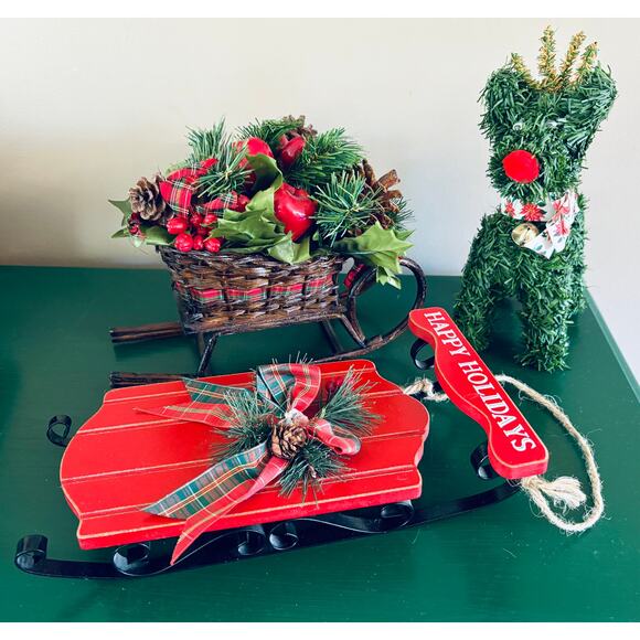 3PC Kitsch Old-Fashioned Christmas Decor Sled Reindeer Sleigh - Picture 8 of 8